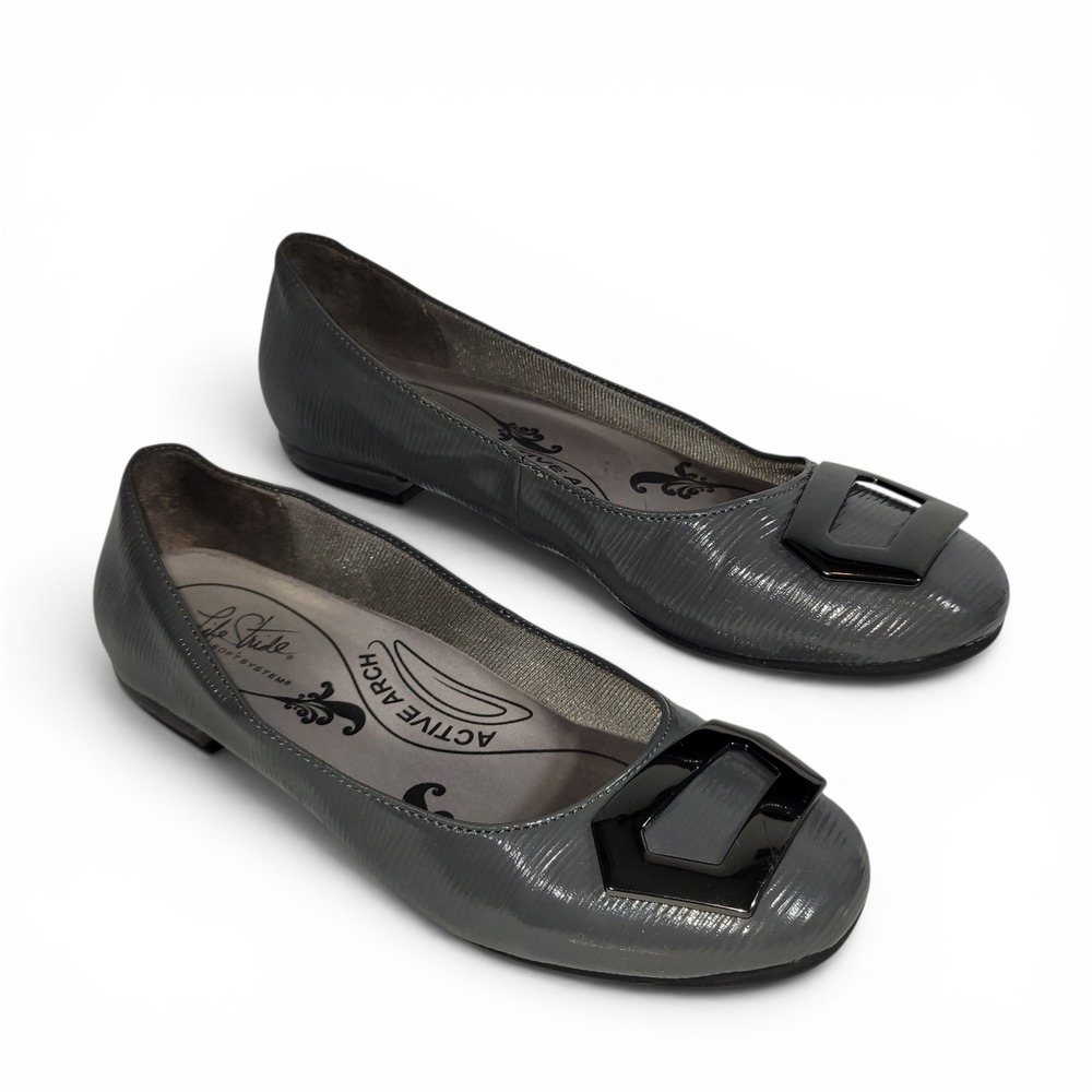 LifeStride Ballet Flats Women Size‎ 6 Gray Buckle Slip On Comfort Active Arch